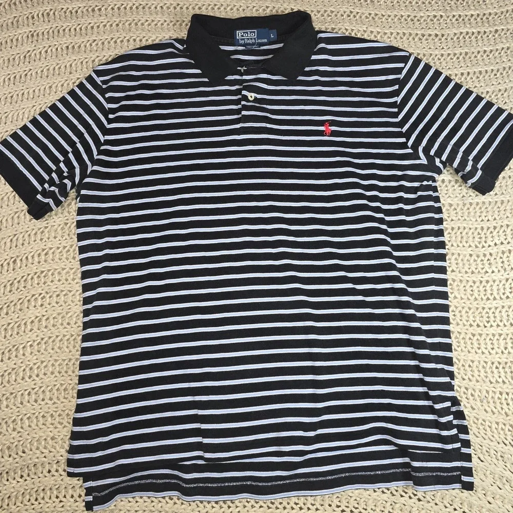 Polo Ralph Lauren Blue Stripe, Red Pony Polo Shirt Men's Large 100% Cotton